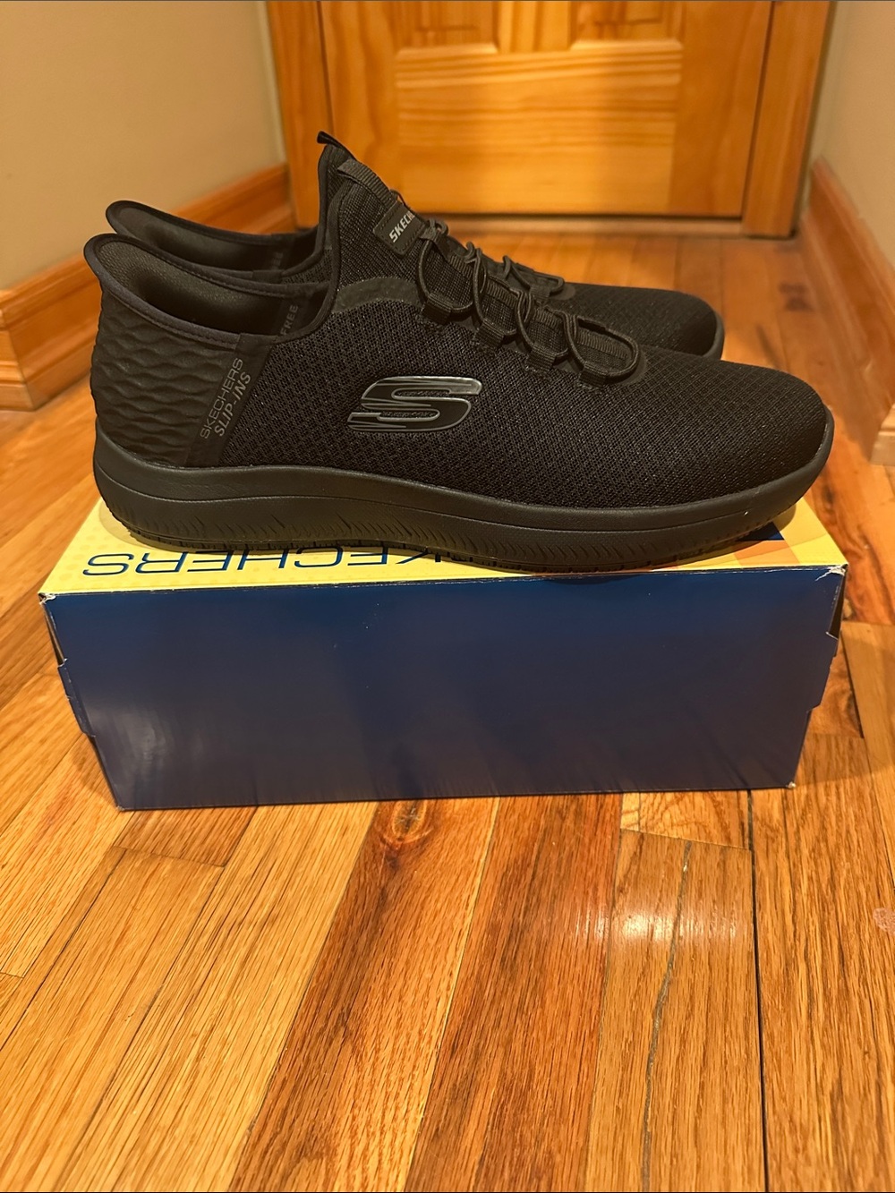 Skechers Black Slip-On Knit Work Sneakers - Picture 4 of 5